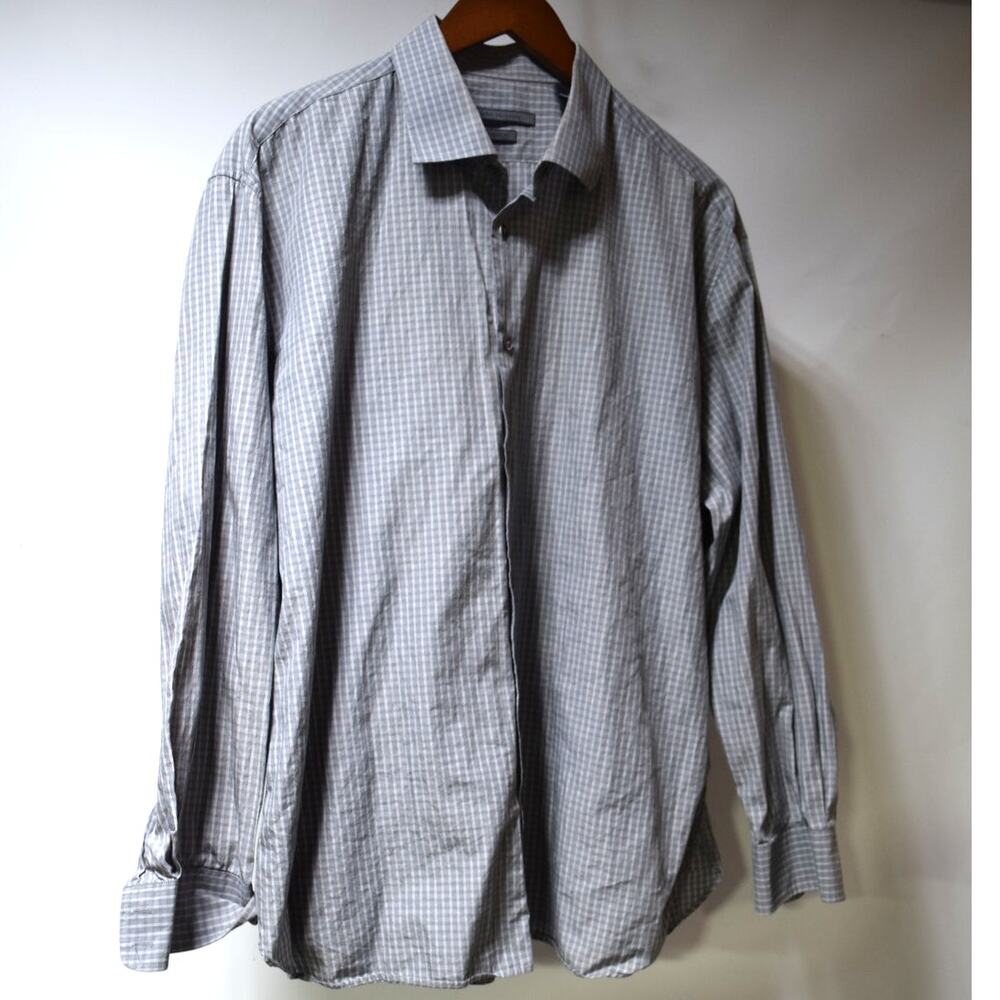 John Varvatos Classic Fit Gray Plaid Check Long Sleeve Button Down Shirt